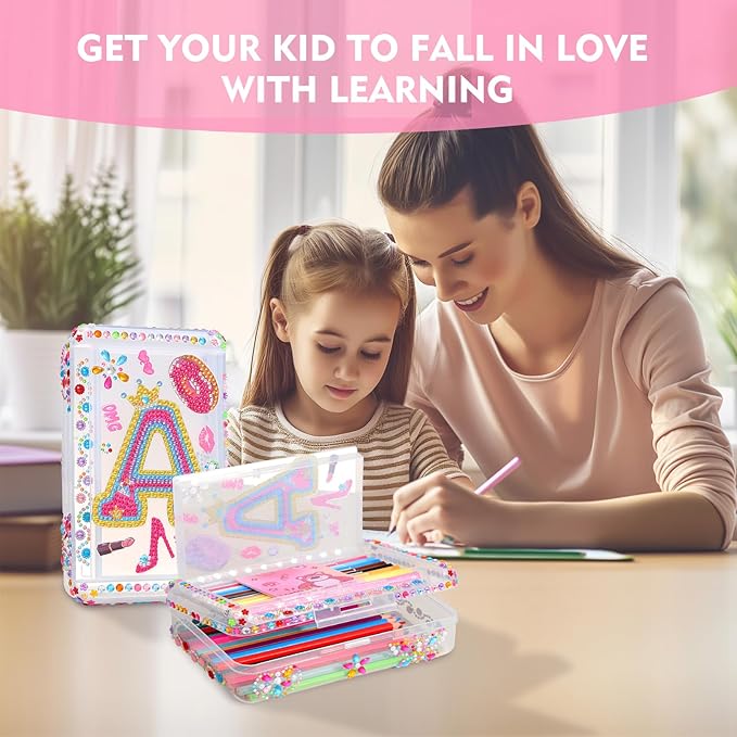 1PCS Clear Pencil Case, Plastic Pencil Box, Large Crayon Box, Craft Organizers and Storage, School Supplies for Boys and Girls with Stickers and Kit (Letter A Set)