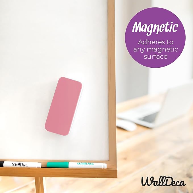 WallDeca Dry Eraser, Felt Bottom Surface Whiteboard Cleaner, Dry Wipe Board Eraser, Magnetic Tool for Dry Erase Board, Works on All Whiteboard Surfaces, Glass Board and Presentation Surfaces (Pink)