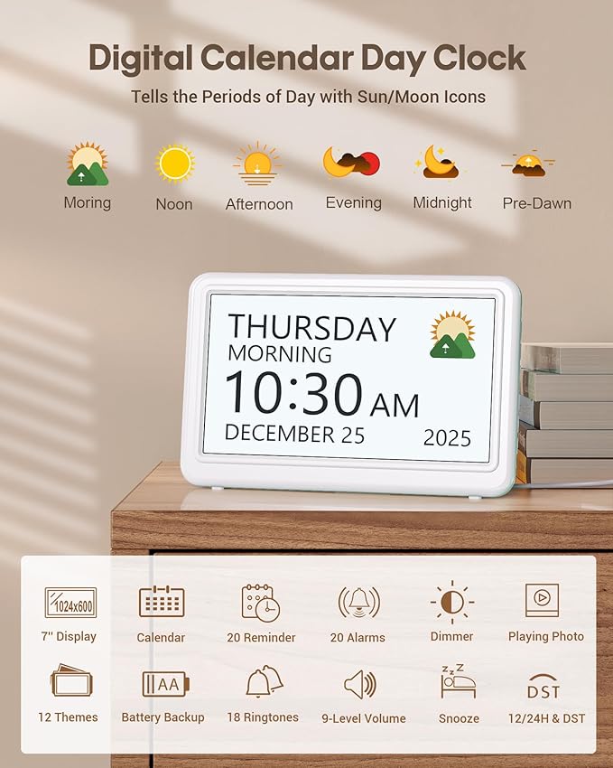Digital Clock with Date and Week for Seniors, Alzheimer's Dementia Clock with 20 Alarms and 6 Medicine Reminders, 12 Display Modes Large Font Digital Calendar Alarm Clock for Vision Impaired(7 Inch)