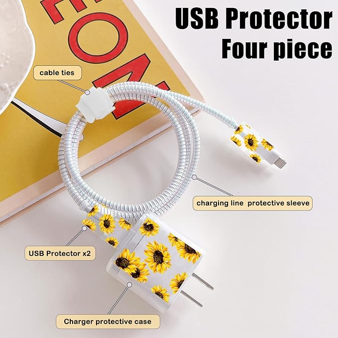 Cute Flowers DIY Protectors Cable Protector for iPhone Charger,Sunflower Pattern,Data Cable USB Charger Data Line Earphone Wire Saver for iPhone X 13 12 11 Pro Max