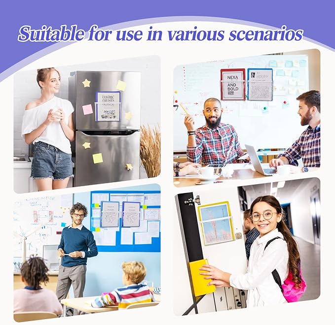 Henoyso 5 Pcs Magnetic File Holder Paper Holder Magnetic Pen Dry Erase Marker Organizer Fridge Pocket Organizer for Whiteboard Refrigerator, 12 x 9.5 in (Assorted Colors)