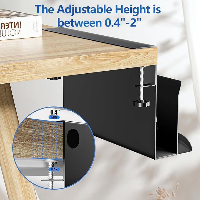 Litwaro Desk Side Storage, No Drill Laptop Holder with Magnetic Pen Holder, Clamp on Laptop Mount with Sticky Headphone Stand, Hanging Organizer for Office, Fits Flat Table Edge 0.4" to 2" (Black)