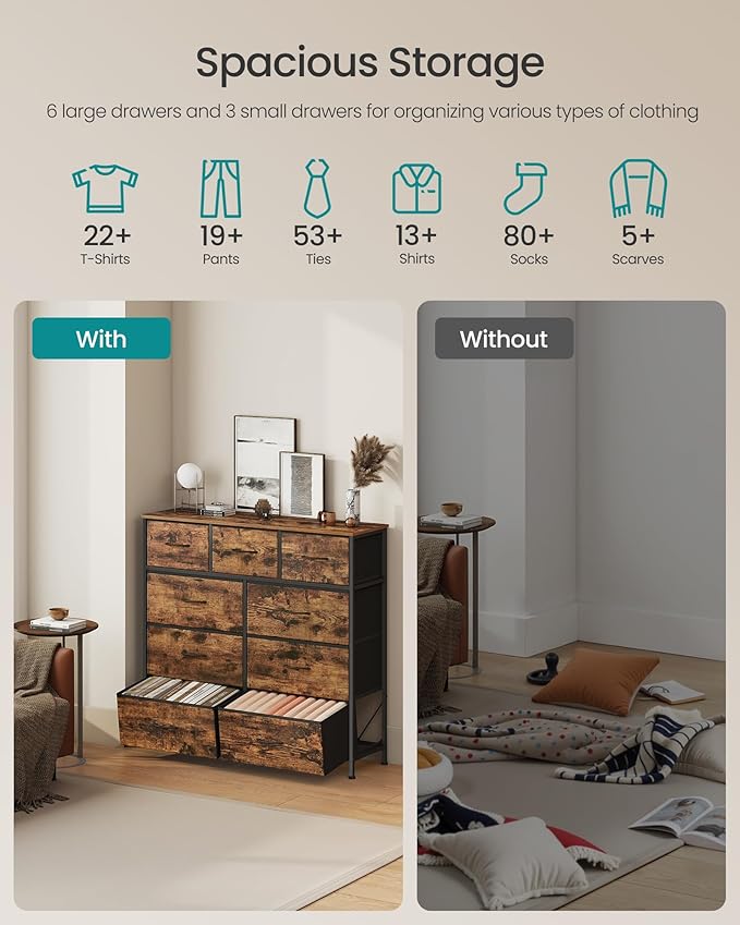 SONGMICS Dresser for Bedroom, Chest of Drawers, Steel, MDF, 9 Non-Woven Fabric Drawers, Storage Organizer Unit, Closet, Entryway, Rustic Brown and Ink Black LGS324B02S