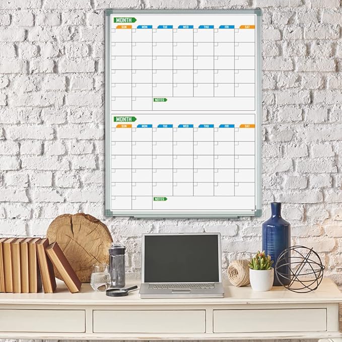 Lockways 2 Monthly Dry-Erase Calendar Whiteboard, 24" x 18", Wall-Mounted Aluminum-Framed Calendar Board