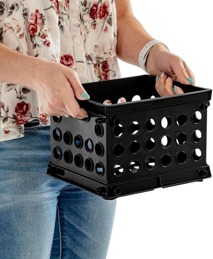 Sterilite Mini Crate, Stackable Plastic Storage Bin with Handles, Organize Home, Garage, Office, School, Dorm Room, Black, 12-Pack