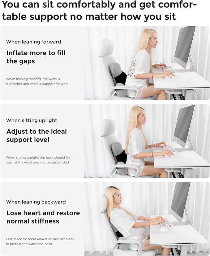 BEBAS Adjustable Air Lumbar Support Pillow for Office Chair, Car & Gaming Chair - Memory Foam Lower Back Cushion - Customizable Air Support for Back Pain Relief & Posture Correction
