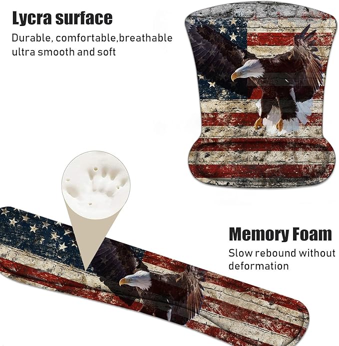 Keyboard Wrist Rest and Mouse Pad Wrist Support Set with Coasters, Non-Slip PU Base Ergonomic Mousepad for Computer Laptop Home Office Easy Typing & Pain Relief, Military Wall Graffiti USA Flag Eagle