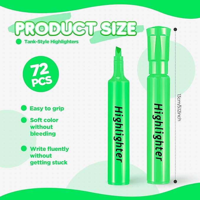 Qilery 72 Pack Highlighters Bulk, Tank Style Chisel Tip Highlighters Markers Pack Quick Drying for Adult Coloring, Home Office Supplies (Green)