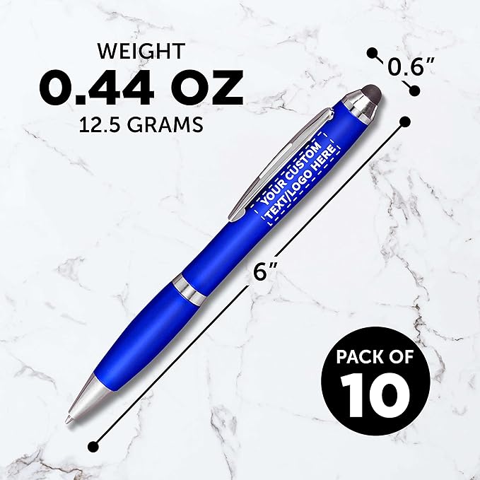 DISCOUNT PROMOS Custom Plastic Stylus Pens Set of 10, Personalized Bulk Pack - Black Ink, Great for Office, School, Business, Tradeshows, Events - Blue