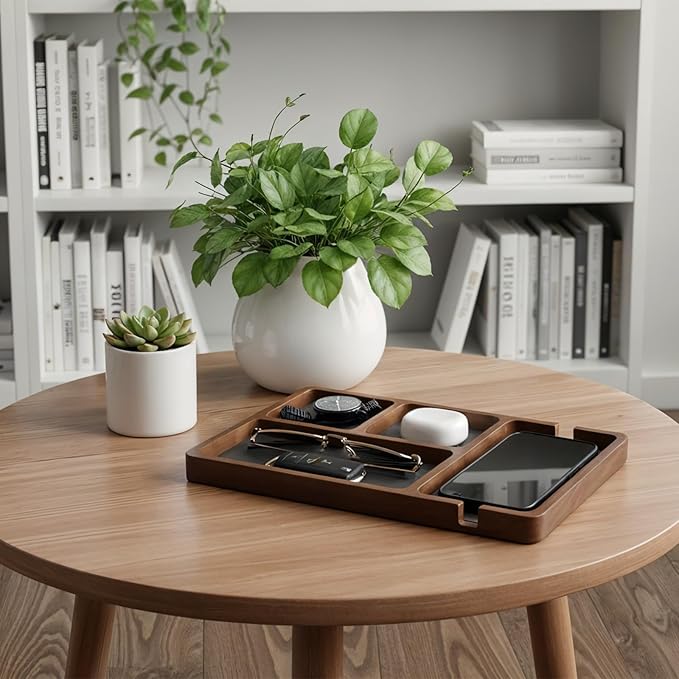 Wooden Valet Tray, 4 Grids Catch All Tray with Leather Inlay Wallet Trays Organizer for Nightstand, Desk, Entryway Stylish Durable EDC Catchall Trays for Keys, Wallet, Watch, Jewelry, Phone