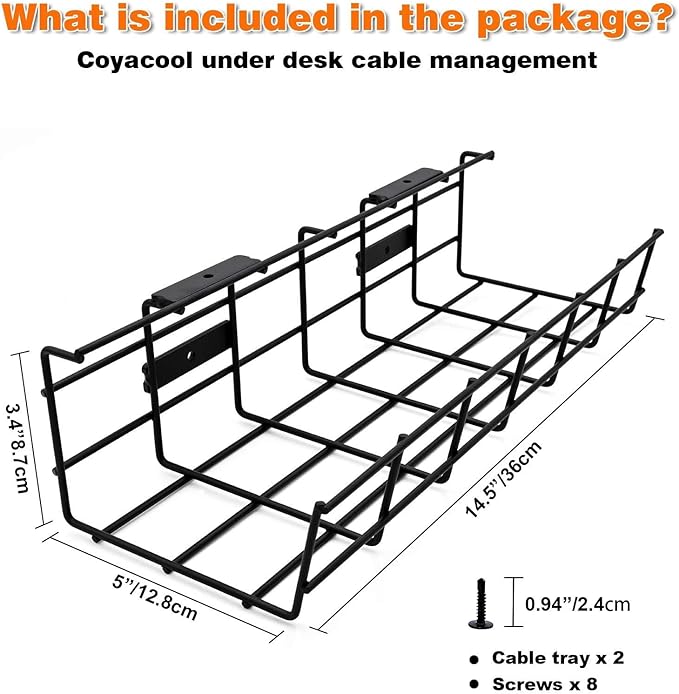 Under Desk Cable Management- 6 Pack Cord Organizer. Metal Wire Cable Management Tray for Office, Studio and Home. Super Sturdy Under Table Cable Managements - Black Cable Organizer