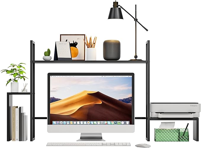 WelFurGeer LED Desk Shelf Organizer with RGB Light Strip, 2-Tier Desktop Shelf for Computer Monitor, Sturdy Metal Frame & Wood Shelves - Desk Hutch Bookshelf for Home Office, Dorm, Gaming (Black)