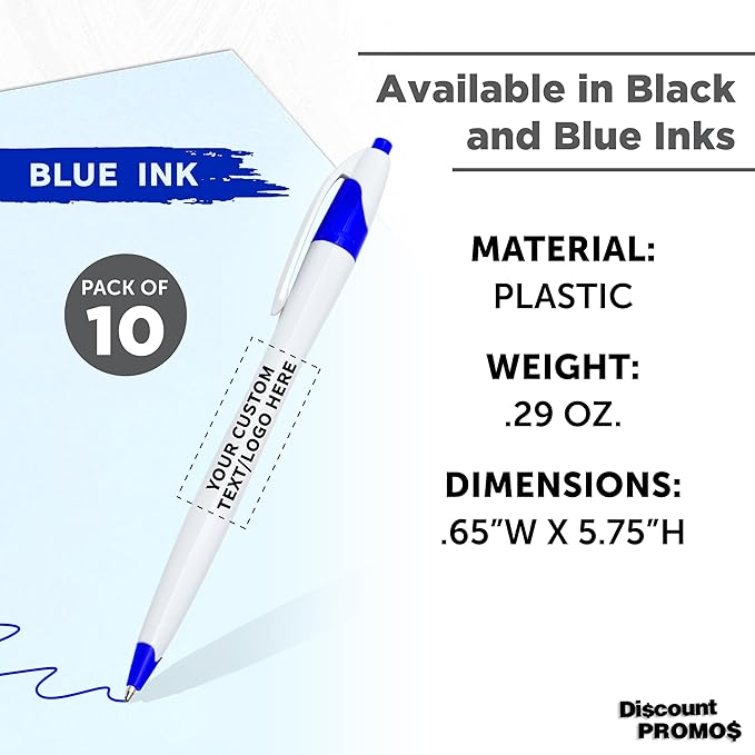 DISCOUNT PROMOS Custom Slim Curvy Ballpoint Pens Set of 10, Personalized Bulk Pack - Black Ink, Retractable, Great for Office, School, Tradeshows - Blue