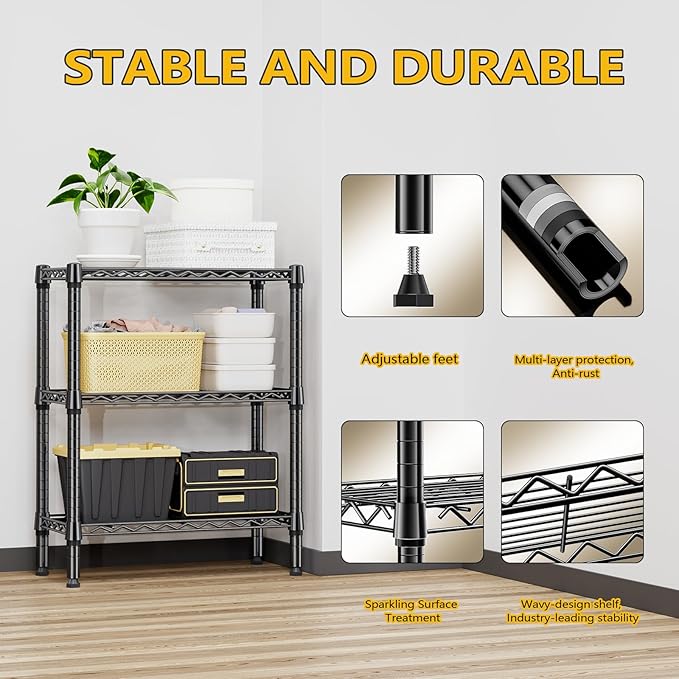 750 lbs 3 Tier Shelf Metal Storage Shelves Wire Rack Closet Organizers for Garage Kitchen Bathroom Laundry Black 11.8" D x 25.6" W x 31.5" H