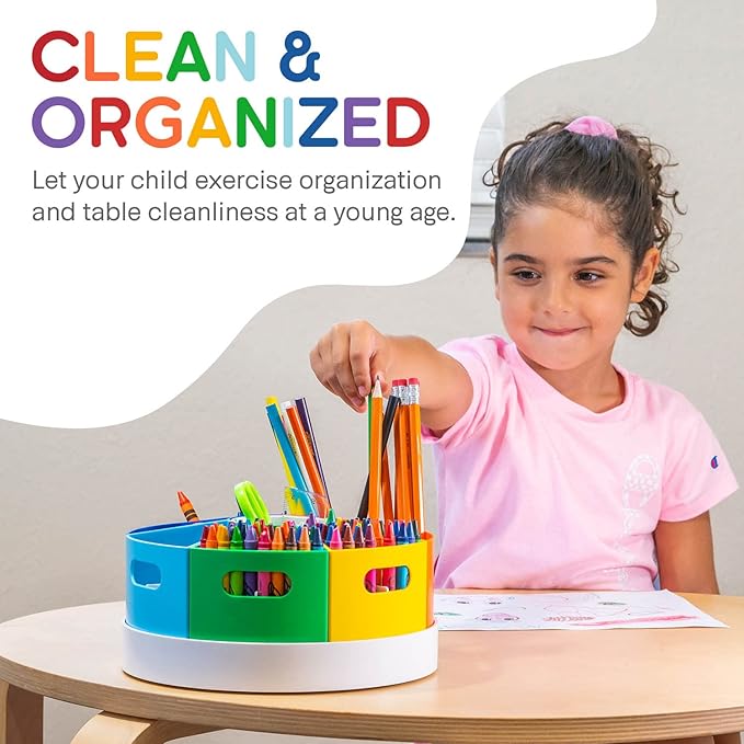 PUZZLE EZ Art Organizer for Kids Crayons Organizing and Storage - Lazy Susan School Art Supplies Caddy for Classroom | Rotating Kids Desk Organizer | Stationary Holder for Teachers & Students
