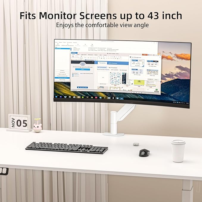 Suptek Single Monitor Mount,Ultrawide Monitor Arm Mount Single Desk Mount for 17 to 43 inch Curved Screen,Holds 28.6 lbs,Pneumatic Height,75/100 Vesa Mount,White(MD71MW)