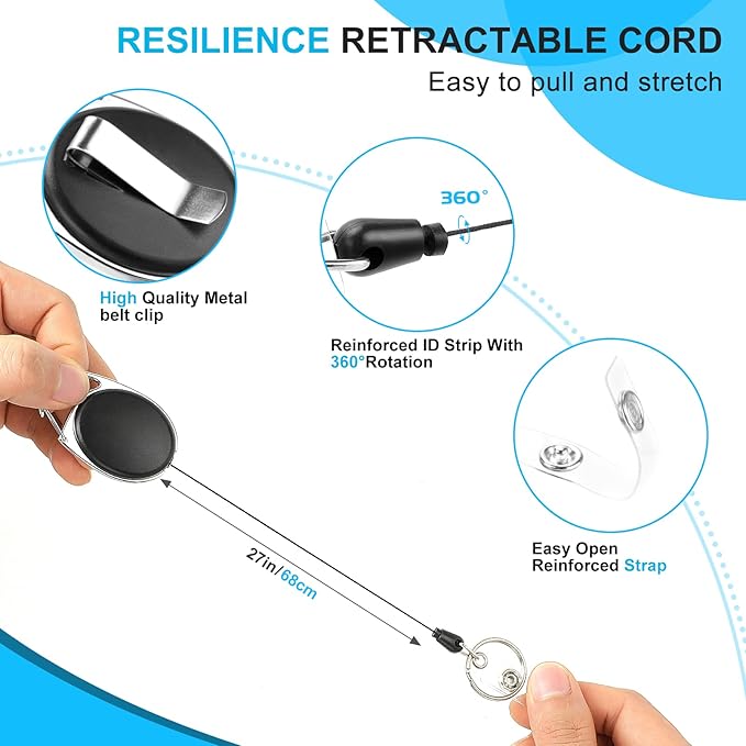 10 Pack Retractable Badge Reel with Carabiner Belt Clip and Key Ring Retractable ID Badge Holders for Office Worker Doctor Nurse