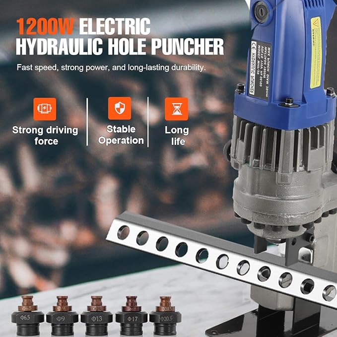 1200W Electric Hydraulic Hole Puncher,110V Punching Machine Metal Hole Punch with 5 Dies 6 mm-20 mm for Iron Copper Aluminum Plate Angle Steel