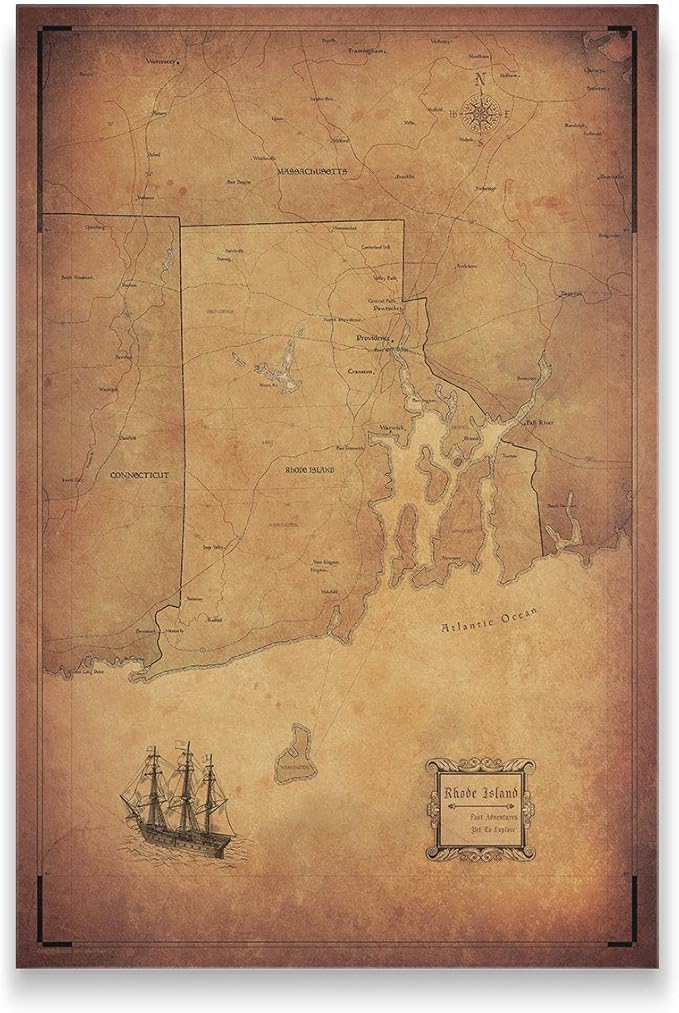 Conquest Maps Push Pin Rhode Island Map Board - With Push Pins to Mark Rhode Island Travels - Handmade in Ohio, USA - Design: Golden Aged