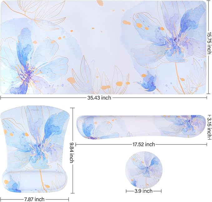 MOSISO Desk Pad Mat Keyboard Mouse Pad Set, Large Gaming Mouse Pad&Keyboard Wrist Rest&Mouse Pad with Wrist Rest&Coaster, Ink Petals Ergonomic Non-Slip Mousepad with Memory Foam for Home Office,Blue