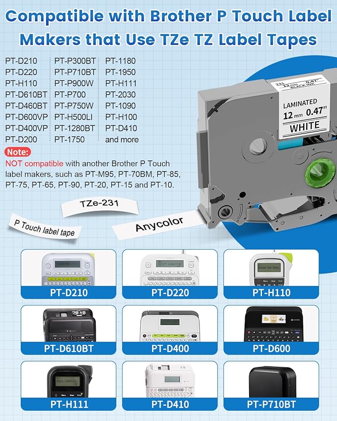 Anycolor Replace for Brother P Touch Label Tape TZe TZ Tape 12mm 0.47 Laminated White TZe-231 Label Maker Tape Compatible with Ptouch PT-D210 PT-D220 PT-H110 PT-D610BT PT-D600 PT-D410 PT-D400, 5p
