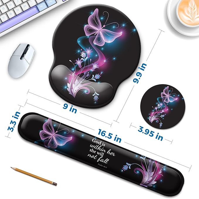 Mouse Pad and Keyboard Wrist Rest Support, with Non-Slip PU Base,Gel Mouse Pad with Coaster,Pain Relief for Gaming, Computer,Office -Vector Butterflies