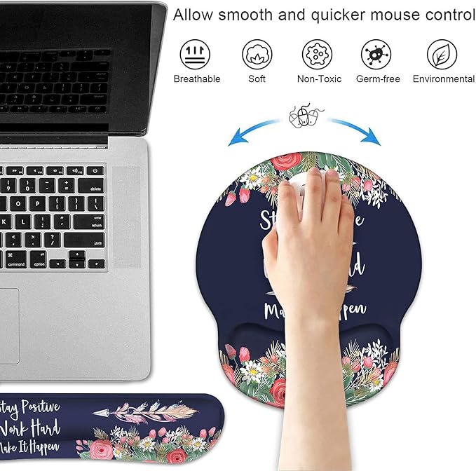 Keyboard Wrist Rest and Mouse Pad Wrist Support Set with Coasters, Inspirational Quote Stay Positive Work Hard and Make It Happen Wrist Mouse Pad with Non-Slip PU Base for Computer Laptop Home Office