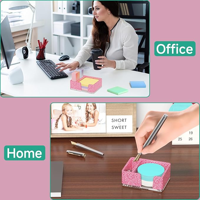Sticky Note Holder with Pen Slot, Glitter Pink Acrylic Notepad Holder 3x3 in Self-Stick Note Dispenser Office Desk Accessories, Memo Pad Holder Organizer for Classroom School Supplies