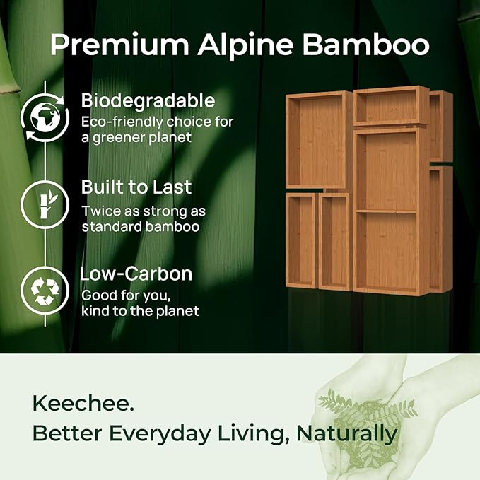 10-Piece Bamboo Drawer Organizer Set, 2.2" Deep Multi-Use Organizers for Utensils, Silverware, Cutlery, Desk, Bathroom, Junk Drawer & Makeup, Non-Slip Feet Included.