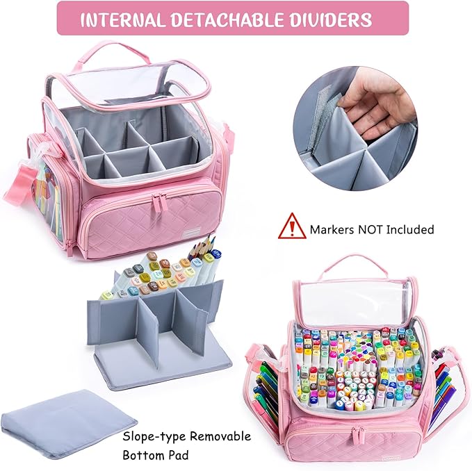 Large Marker Organizer Case Holds 150-200 Markers | Art Marker Storage Bag with Removable Dividers & Clear Top for Artists, Crafters & Travel - Pen, Pencil Alcohol Marker Holder - Art Supply