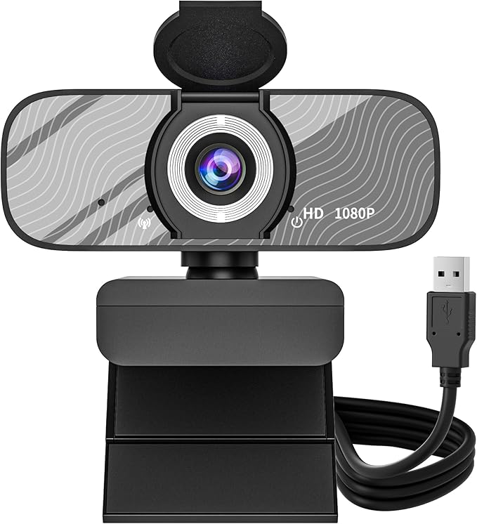 Gozvrpus USB HD Webcam with Built-in Microphone and Rotatable Tripod, 1080P Video, Wide Angle Camera, Privacy Cover, for Desktop PC or Laptop Computer（Grey）