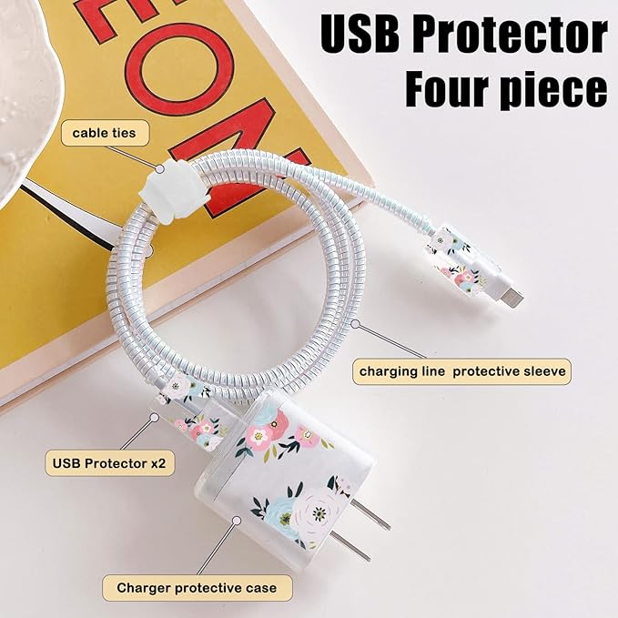 CameCosy Cute DIY Protectors Cable Protector for iPhone Charger,Elegant White Flowers Pattern,Data Cable Charger Data Line Earphone Wire Saver for iPhone X 13 12 11 Pro Max