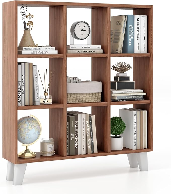 Giantex 9-Cube Open Bookcase, 3-Tier Freestanding Bookshelf with 4 Slanted Legs & 6 Removable Shelves, Modern Cubby Storage Organizer, Wood Display Book Shelf for Living Room Bedroom Study, Brown
