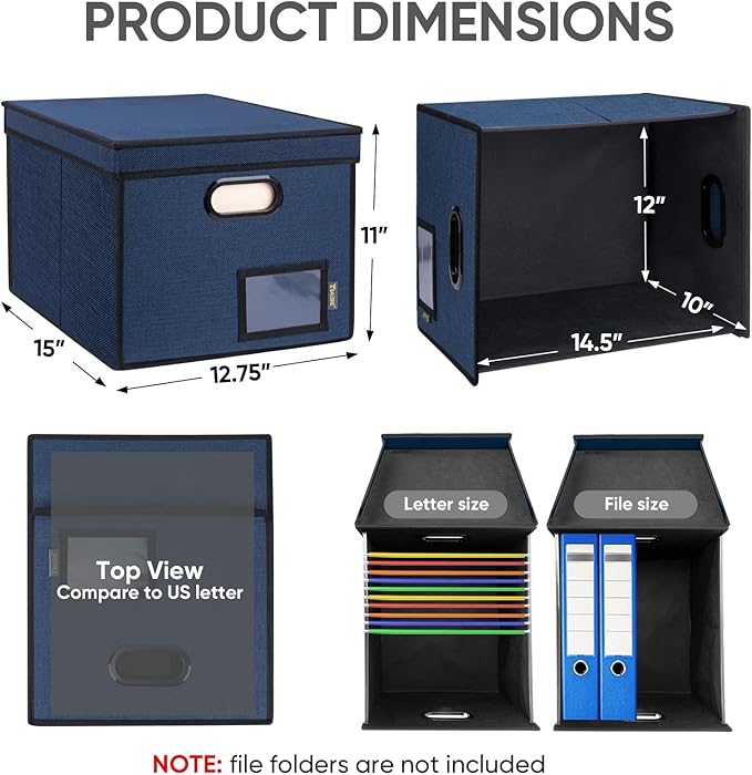 BALEINE File Organizer Box with Lid, Collapsible File Folder Organizer with Plastic Slide, Hanging File Folder Box for Office Document Storage (Tab Friendly, 1 Pack, Blue)