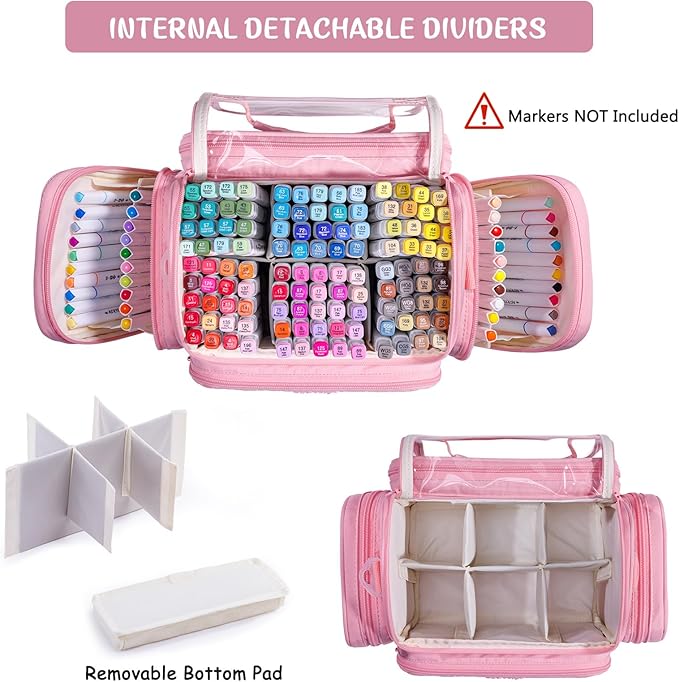 Marker Organizer Case Bag for 200-300 Markers – Large Art Supply Storage Bag with Detachable Dividers, Travel Marker Holder for Alcohol Markers, Brush Pens, Colored Pencils & Craft Supplies