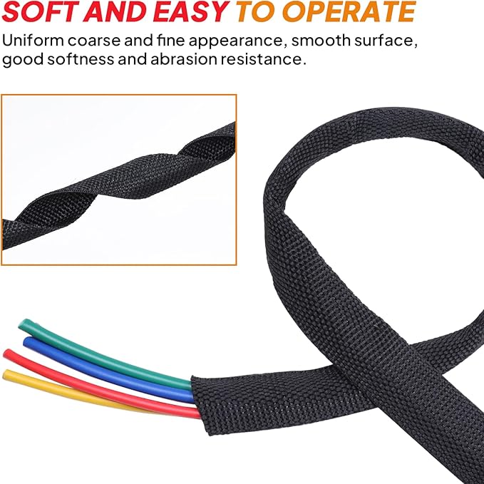 Black 2:1 Ratio Automotive Heat Shrink Braided Sleeving,Wear-Resistant Flat Woven Shrinkable Sleeve Fabric Car Cable Wires Hoses Protection (1/2"-50ft)