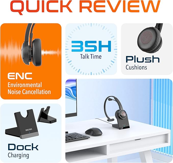 Delton Noise Canceling Bluetooth Computer Headset with Charging Dock, Auto Pair USB Dongle for PC/Laptop, Compatible with MS Teams, Zoom, Google Meet, and More | Black