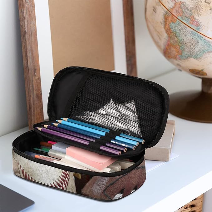 Pardick Old Baseball Big Capacity Pencil Pen Case Gloves Large Pencil Pouch with Zipper Compartments Pencil Bag for Boys Girls Adults Student Office School Supplies
