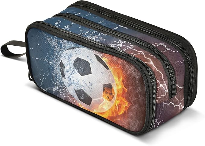 Soccer Football Ball Pencil Case Box Boys Girls Large Pencil Pouch with Zipper Compartments Big Capacity Stationery Pen Bag Organizer for Kids Teens Adults School Office