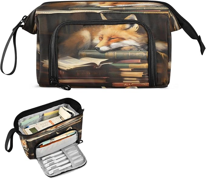 Fox Cartoon Pencil Case Pouch Big Capacity Pencil Bag Box Organizer Pen Case with Handle Stationery Organizer for Girls Boys Women Kids Adults School
