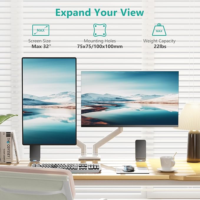 WALI Dual Monitor Stand for 17-32 inch Screens, Dual Monitor Arms for 2 Monitors Holds up to 19.8 lbs, Adjustable Gas Spring Dual Monitors Mount, VESA 75x75/100x100mm (GSMP002NW), White