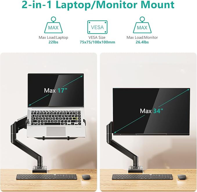 WALI Laptop Desk Mount, 2-in-1 Monitor Mount with Adjustable Laptop Tray, Fits Max 17" Notebook and 34" Computer Screen, Max Holds 22-26.4 lbs, Single Monitor Laptop Stand for Desk (GSMP001NLP), Black
