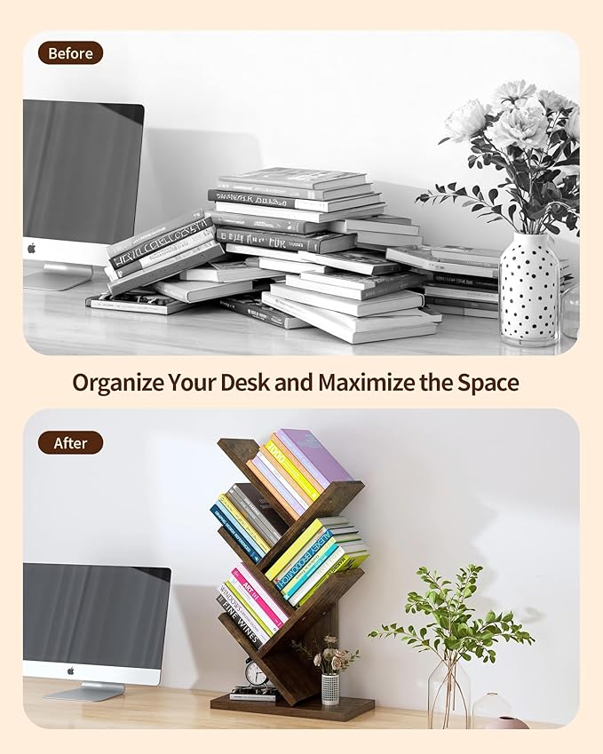 Godferyxin Tree Bookshelf with Liting,Small Bookshelf LED and Desktop Book Shelf for Office, Home or School Mini Bookcase for Wood Displaying Books, CDs, Magazines Wood Shelf Rack