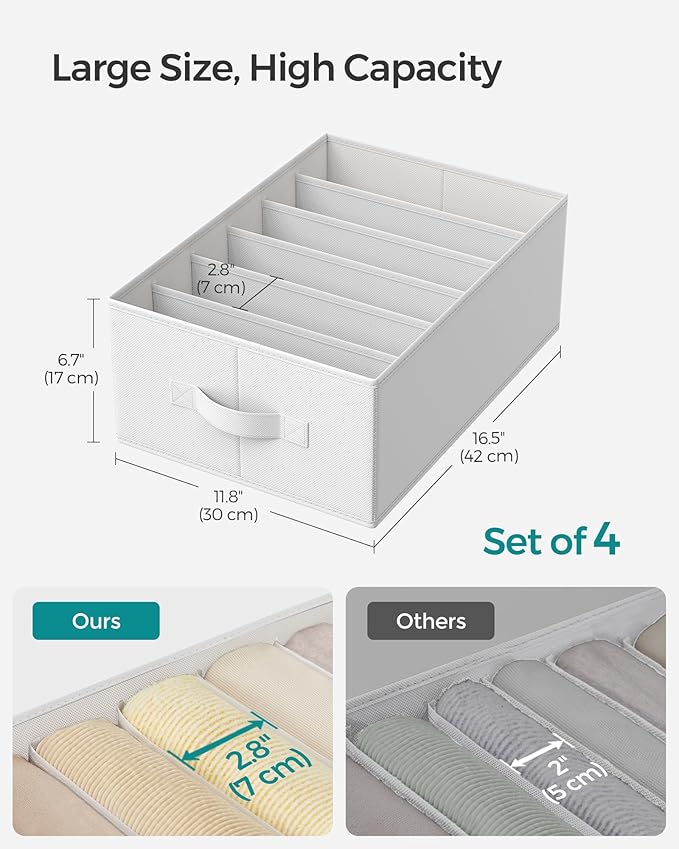 SONGMICS Set of 4 Large Size Wardrobe Clothes Organizers, 6-Compartment Foldable Drawer Organizers with Handles, 16.5 x 11.8 x 6.7 Inches, for Pants, Sweaters, Jeans, Cloud White URUS009W04