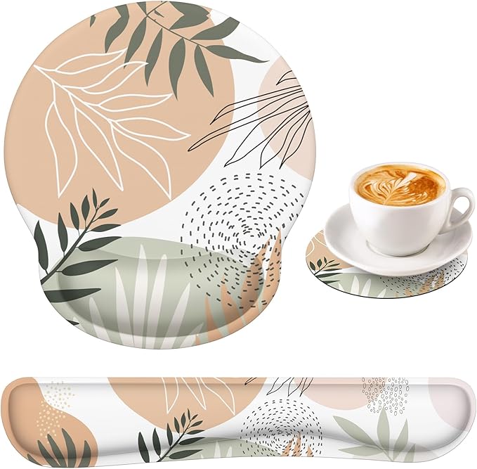 iLeadon Mouse Pad with Wrist Rest Set, Keyboard Wrist Rest + Ergonomic Mouse Pad + Coasters, Easy Typing & Pain Relief Mousepad, Mouse Pad Wrist Support for Computer Home Office, Tropical Leaves