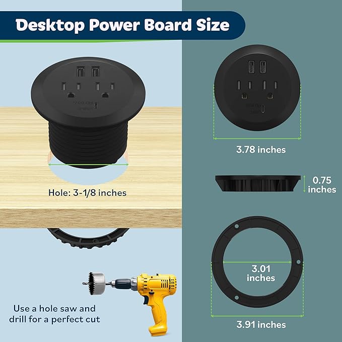 TOPGREENER Desktop Power Grommet with 65W PD Fast Charging USB C, GaN Desk Grommet for MacBook, 2 USB-A Ports and Duplex Receptacles, 3” Diameter Power Grommet, TTRP48APD60-BK, Black