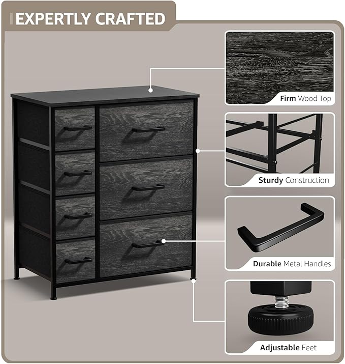 Sorbus Dresser with 7 Faux Wood Drawers - Storage Unit Organizer Chest for Clothes - Bedroom, Hallway, Living Room, Closet, & Dorm Furniture - Steel Frame, Wood Top, & Easy Pull Fabric Bins