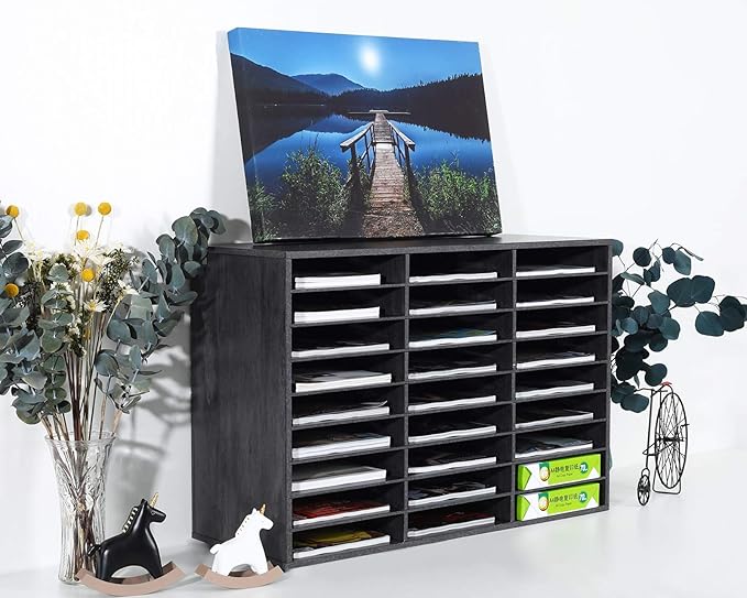 PAG Mail Sorter Organizer, Wood Literature Organizer, Student Mailbox for Classroom, Desktop Bill Paper Organizer for Office Home School, 27 Compartments, Dark Gray