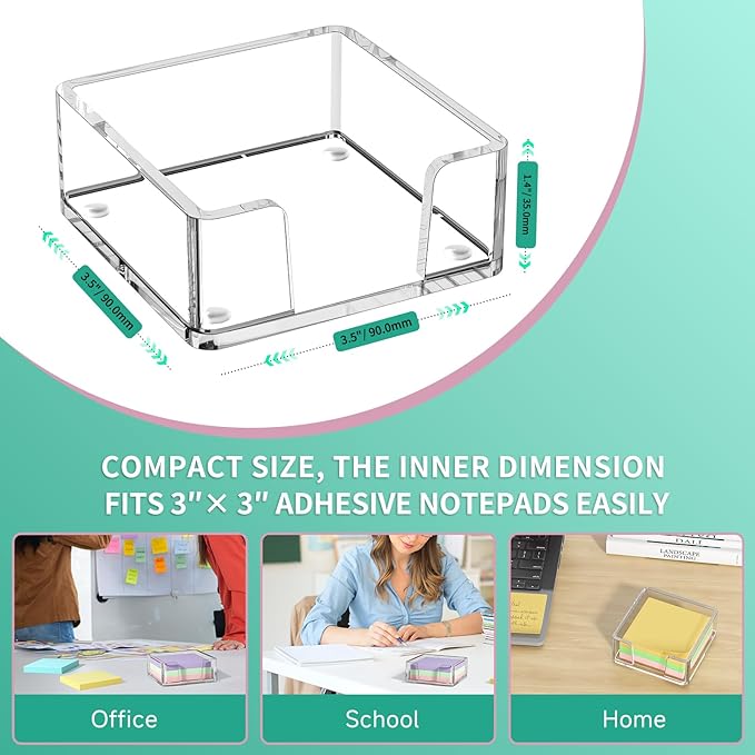 Sticky Note Holder, Crystal Clear Acrylic Notepad Holder 3x3 in Self-Stick Note Dispenser Office Desk Accessories, Memo Pad Holder Organizer for Classroom School Supplies