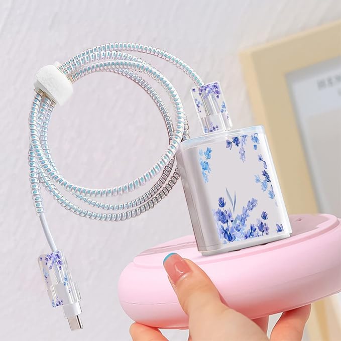 Cute Flower DIY Protectors Cable Protector for iPhone Charger,Kawaii Purple Lavender Pattern,Data Cable USB Charger Data Line Earphone Wire Saver for iPhone X 13 12 11 Pro Max